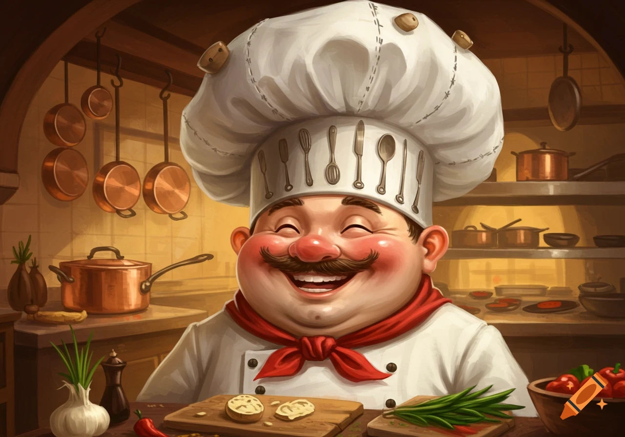 A cartoon chef with a huge white hat and red scarf smiles broadly while preparing food in a rustic kitchen.