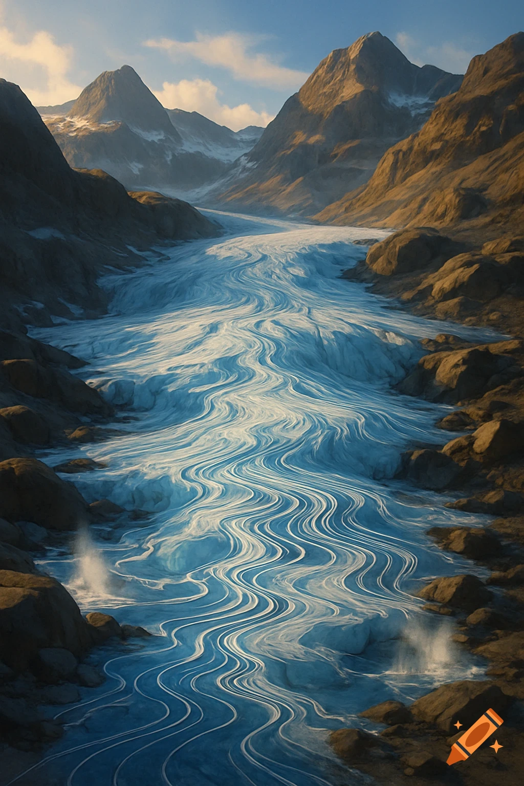 A vertical shot of a winding blue glacier with white stylized contour lines flowing through a rocky mountain valley under a blue sky.
