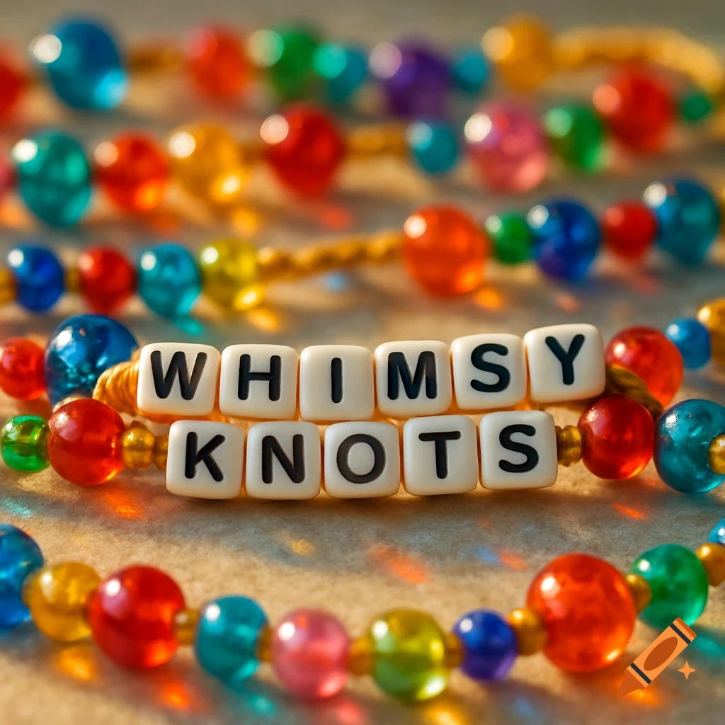 A photorealistic close-up of a string of colorful beads, with white letter beads spelling "Whimsy Knots" in the center.