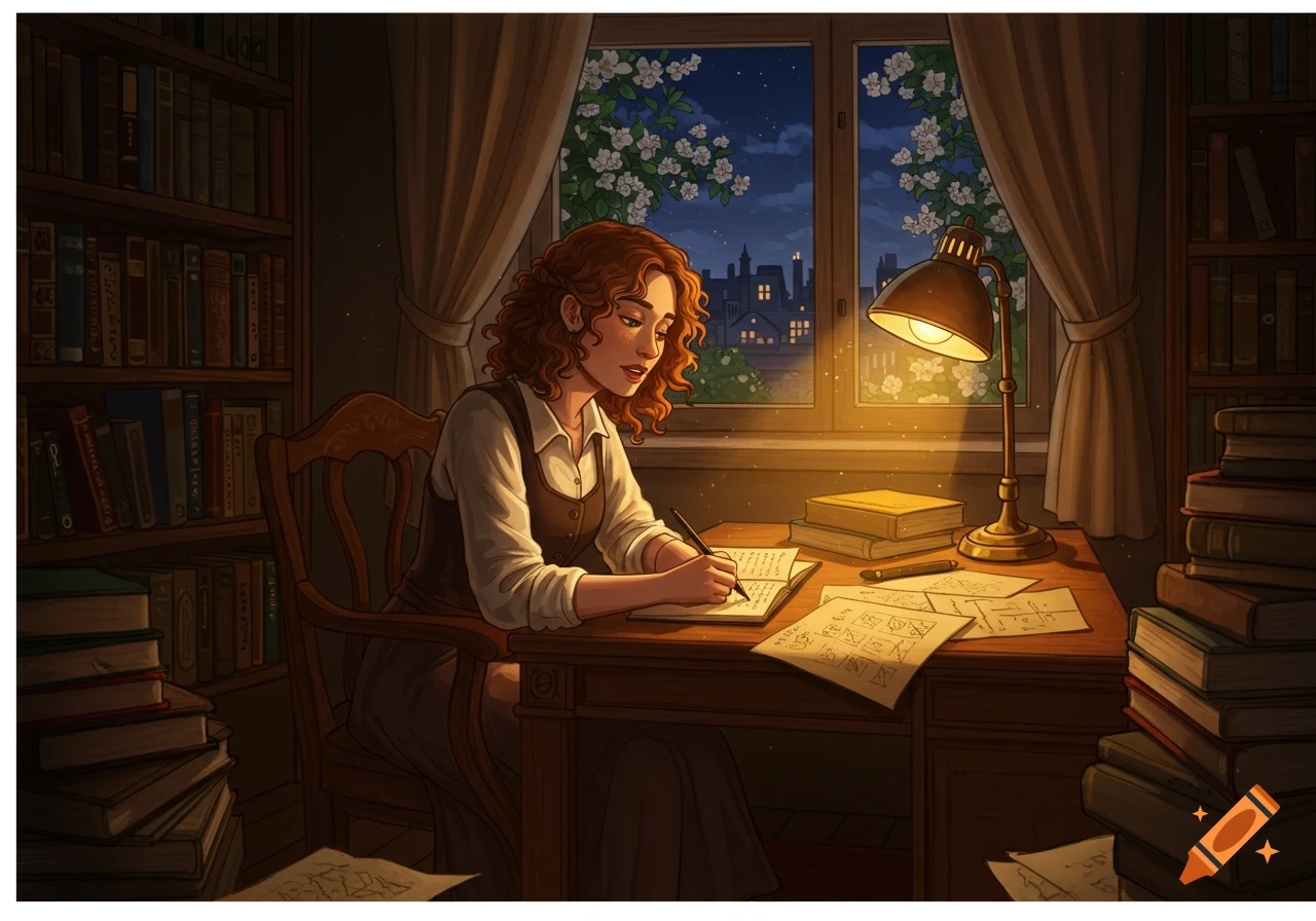 A young woman with curly red hair writes at a wooden desk by a window at night, surrounded by books, in a cozy, warm-lit room.