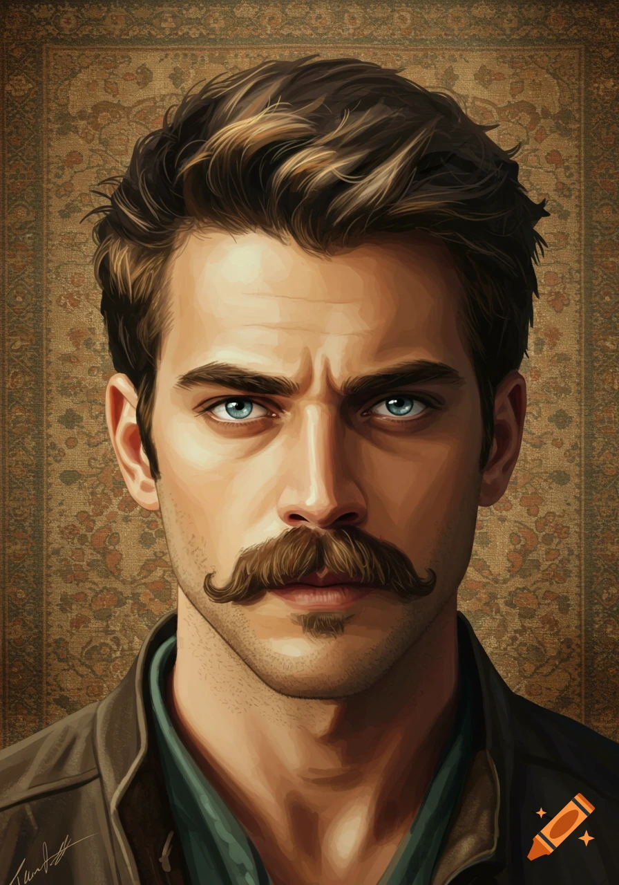 Digital art portrait of a man with blue eyes, medium dark blonde hair, and a handlebar mustache against an ornate patterned background.