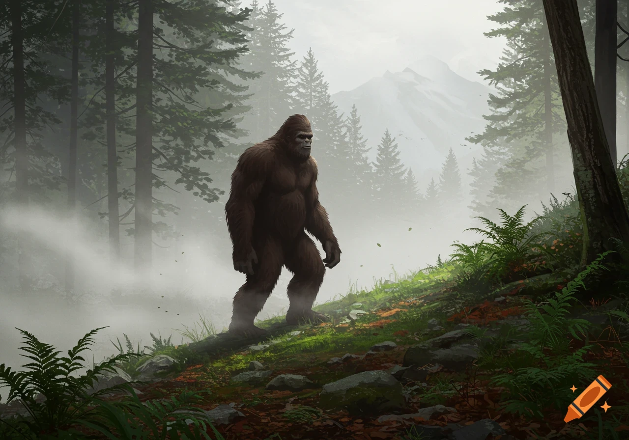 A bigfoot creature walks through a misty evergreen forest on a mossy, rocky incline, in an illustrative style.