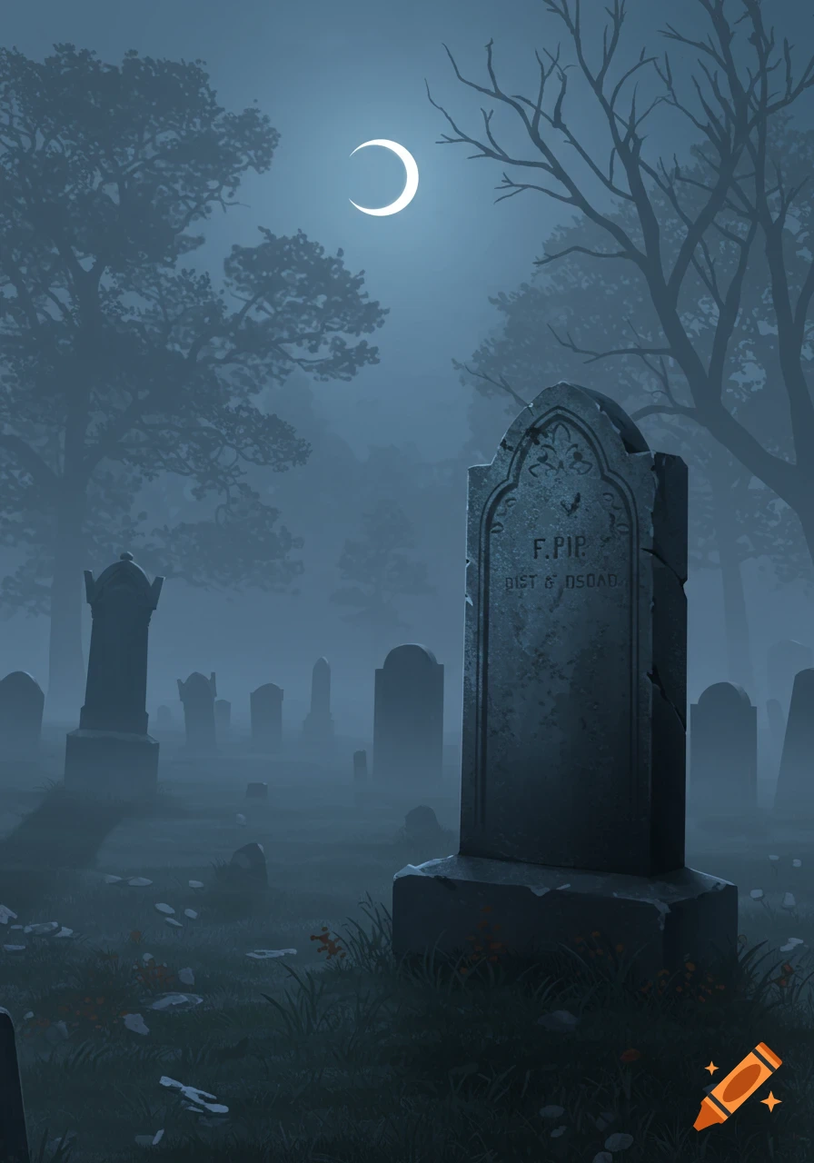 A misty graveyard at night with a prominent tombstone in the foreground and a crescent moon above.