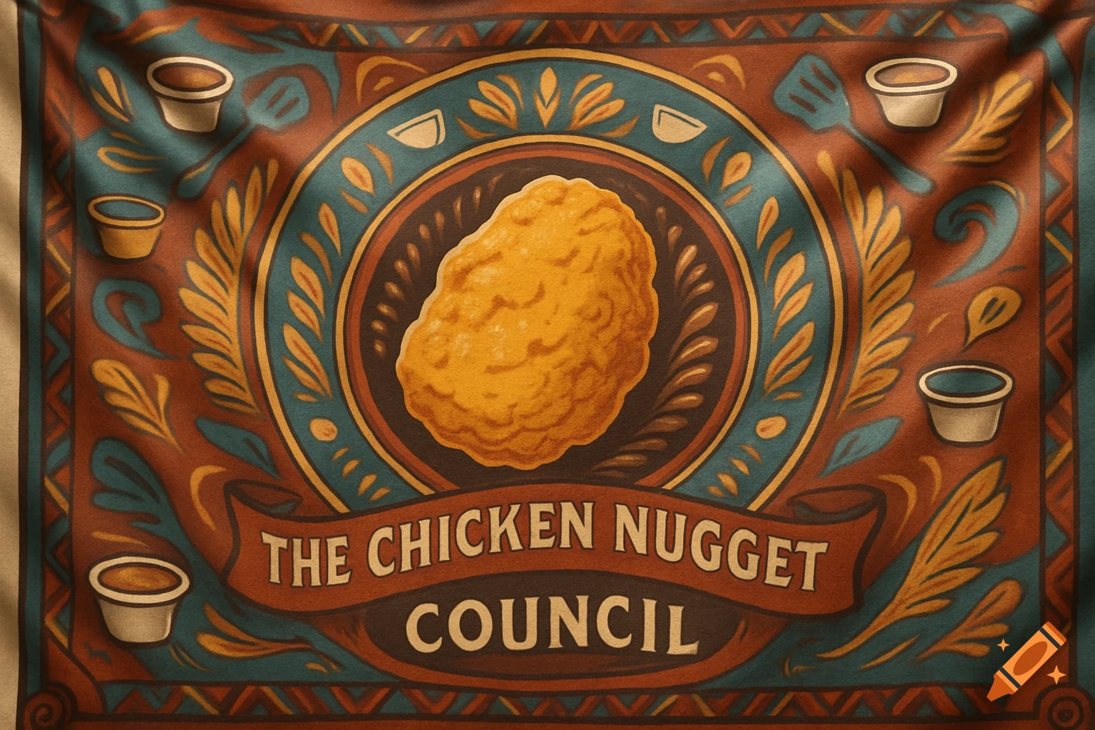 A decorative flag for 'The Chicken Nugget Council' featuring a central chicken nugget, surrounded by patterns of leaves, dipping sauces, and spatulas.