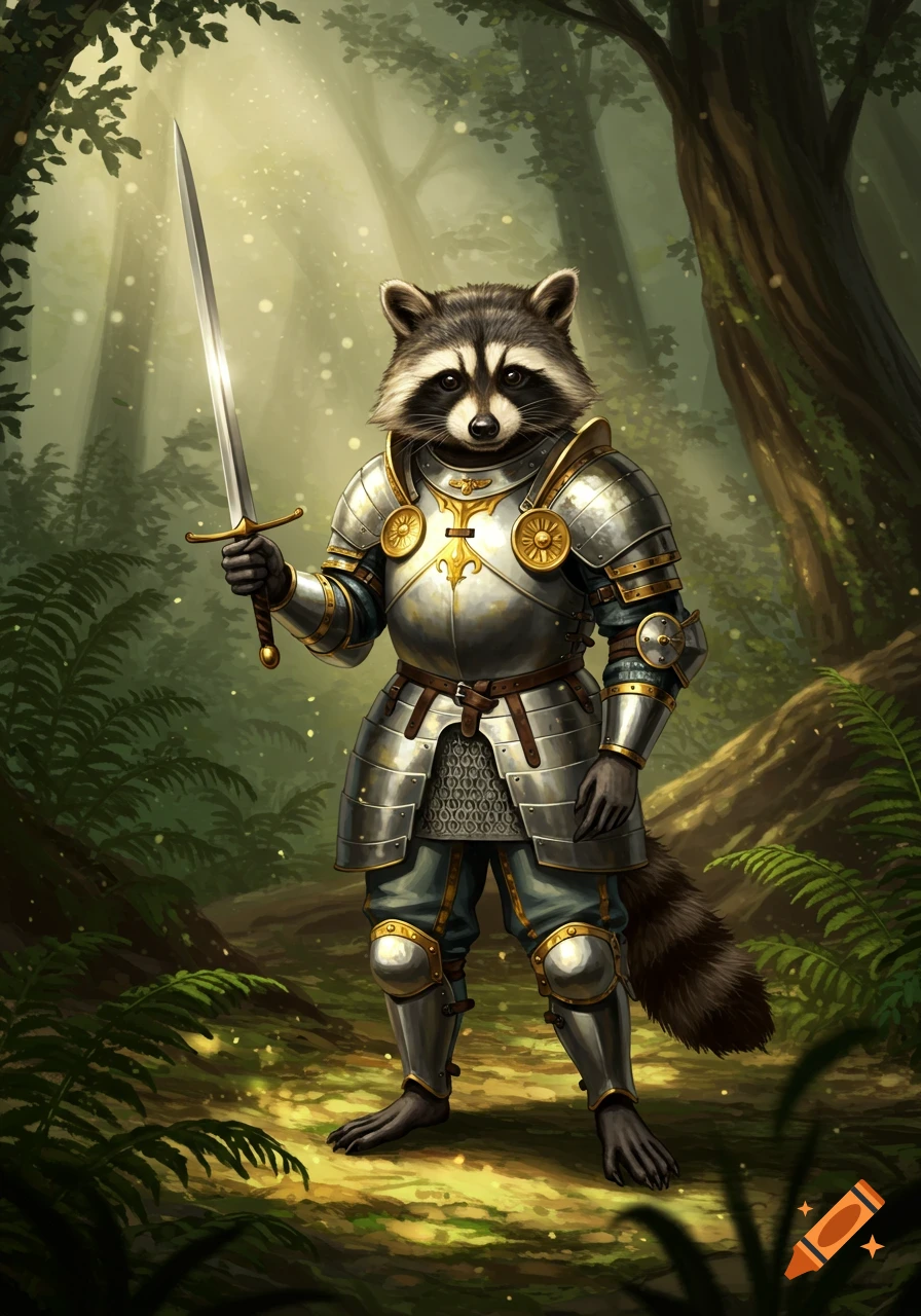 A raccoon knight in shining armor stands in a sunlit forest, holding a sword.