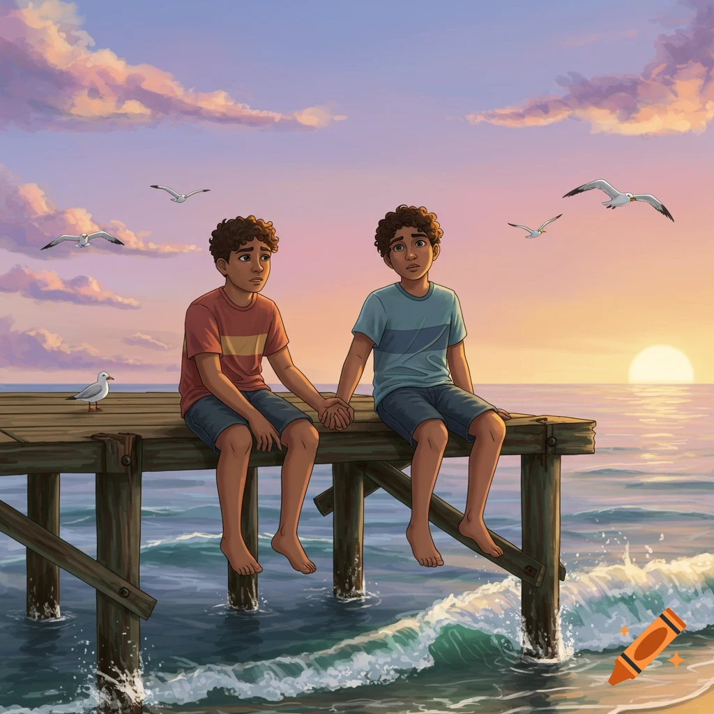 Two young men holding hands on a wooden pier at sunset, with seagulls and ocean waves.