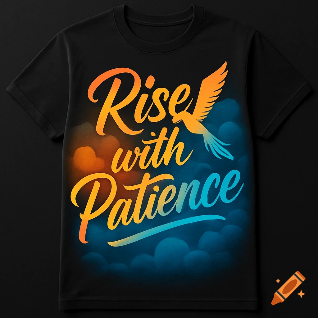 Black t-shirt with a vibrant orange and blue gradient design featuring the slogan 'Rise with Patience' and a stylized bird.