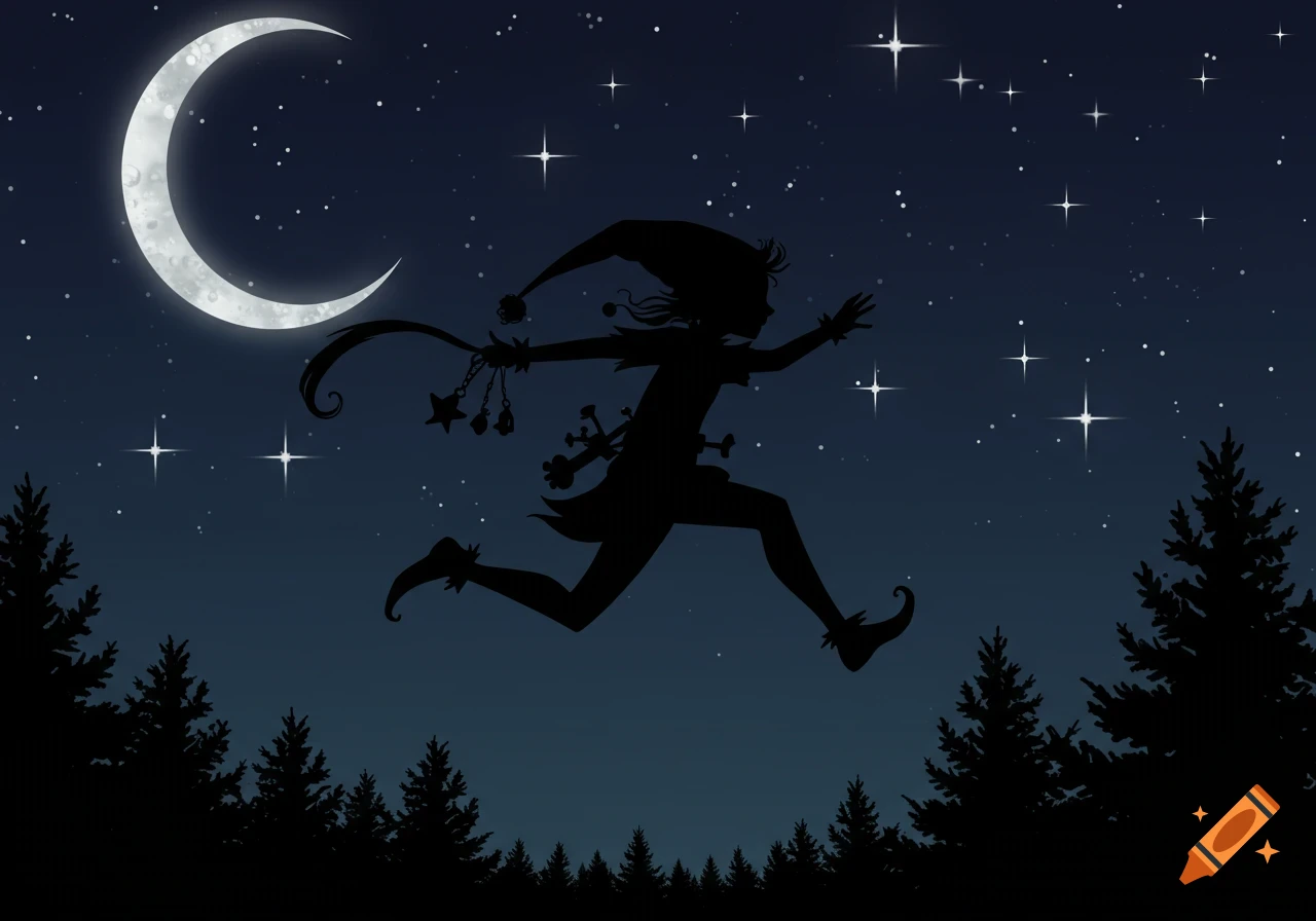 A dark silhouette of a mischievous elf with a pointed hat jumps across a star-filled night sky with a crescent moon above a forest.