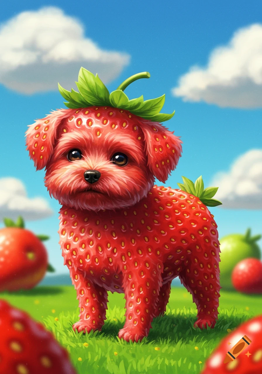 A whimsical red strawberry dog with green leaves stands in a sunny grassy field under a blue sky.