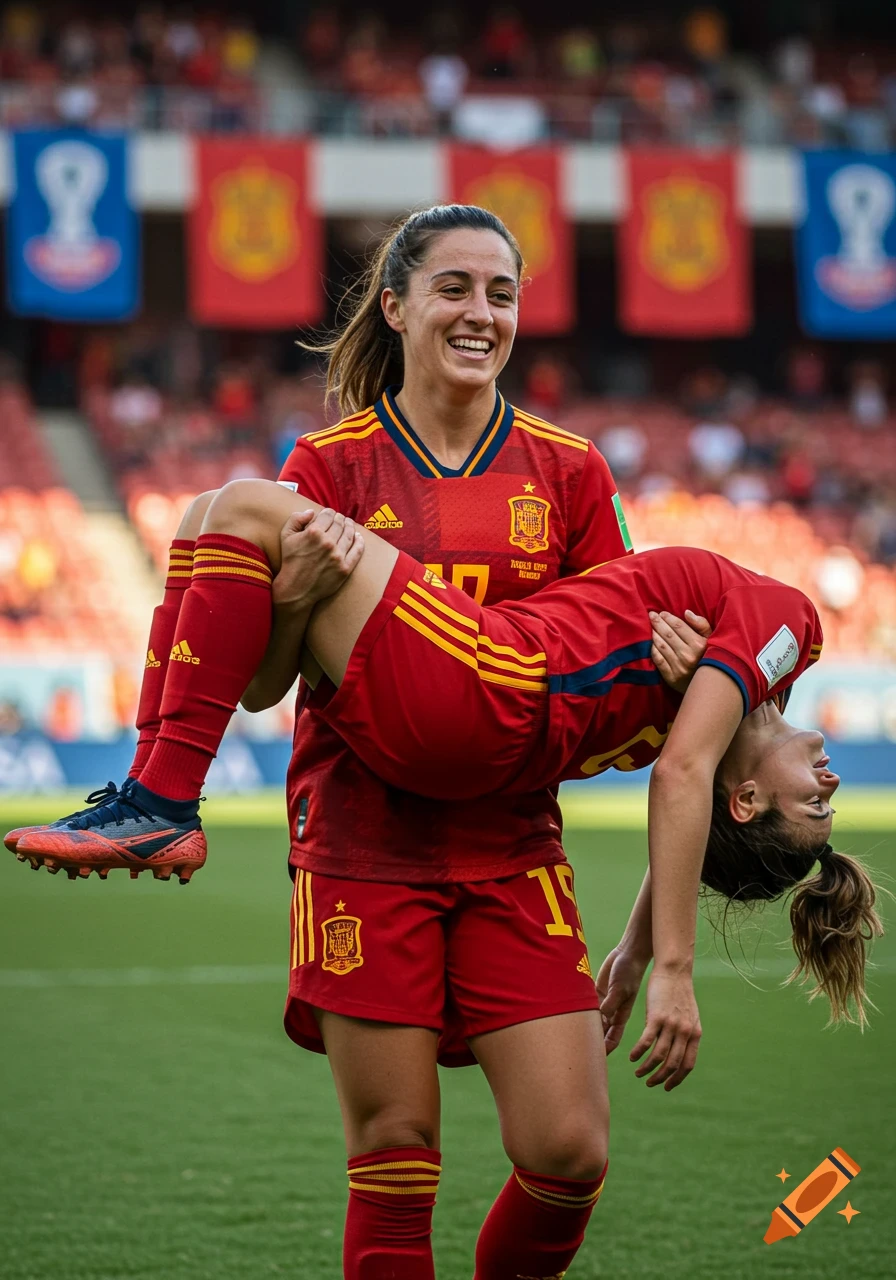 Two smiling Spanish women soccer players in red jerseys on a green field, one carrying her teammate in celebration.