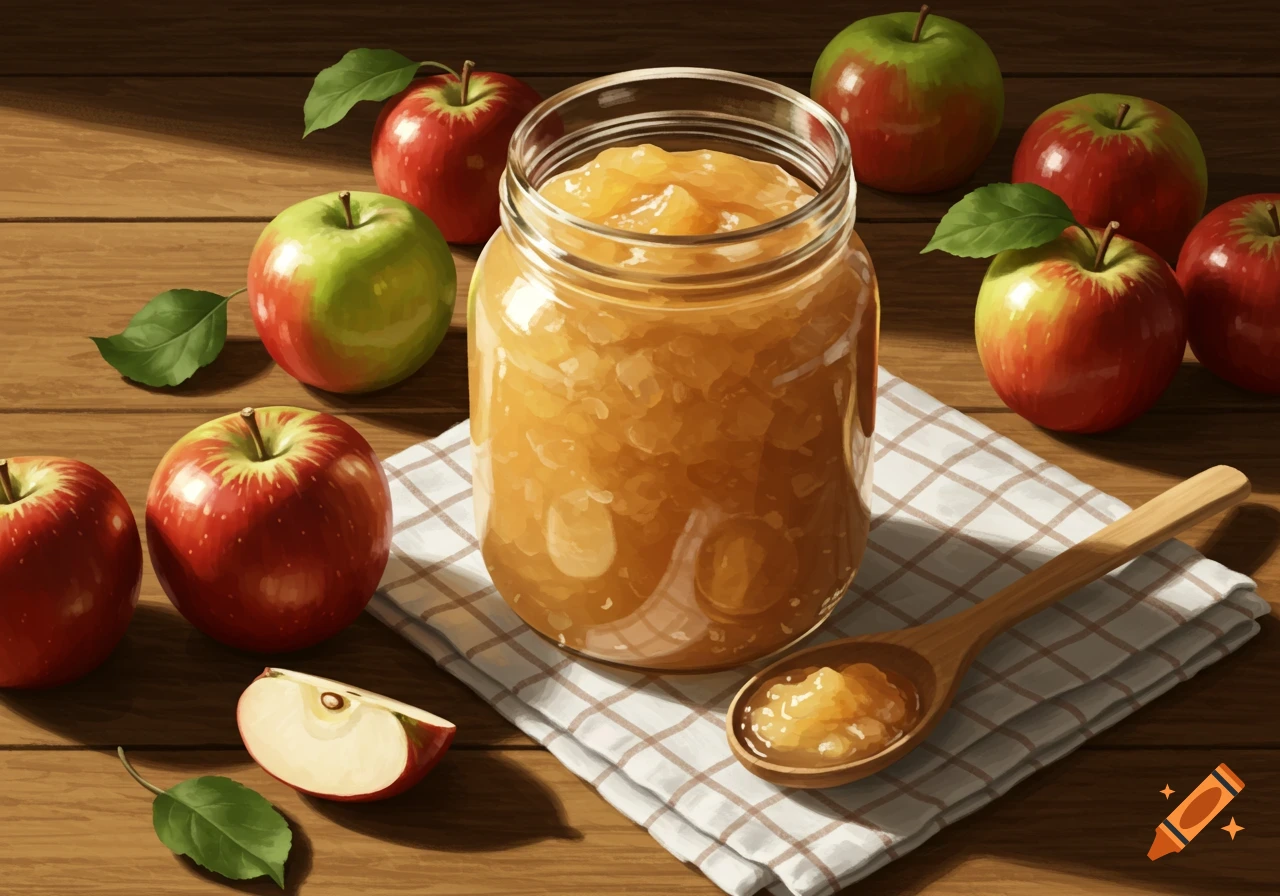 A jar of golden applesauce, surrounded by red and green apples and an apple slice on a wooden table. A wooden spoon holds applesauce.