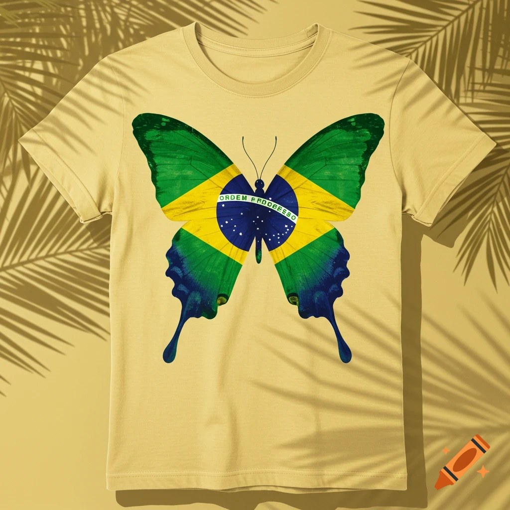 A light yellow t-shirt featuring a butterfly with the Brazilian flag pattern, set against a yellow background with palm shadows.