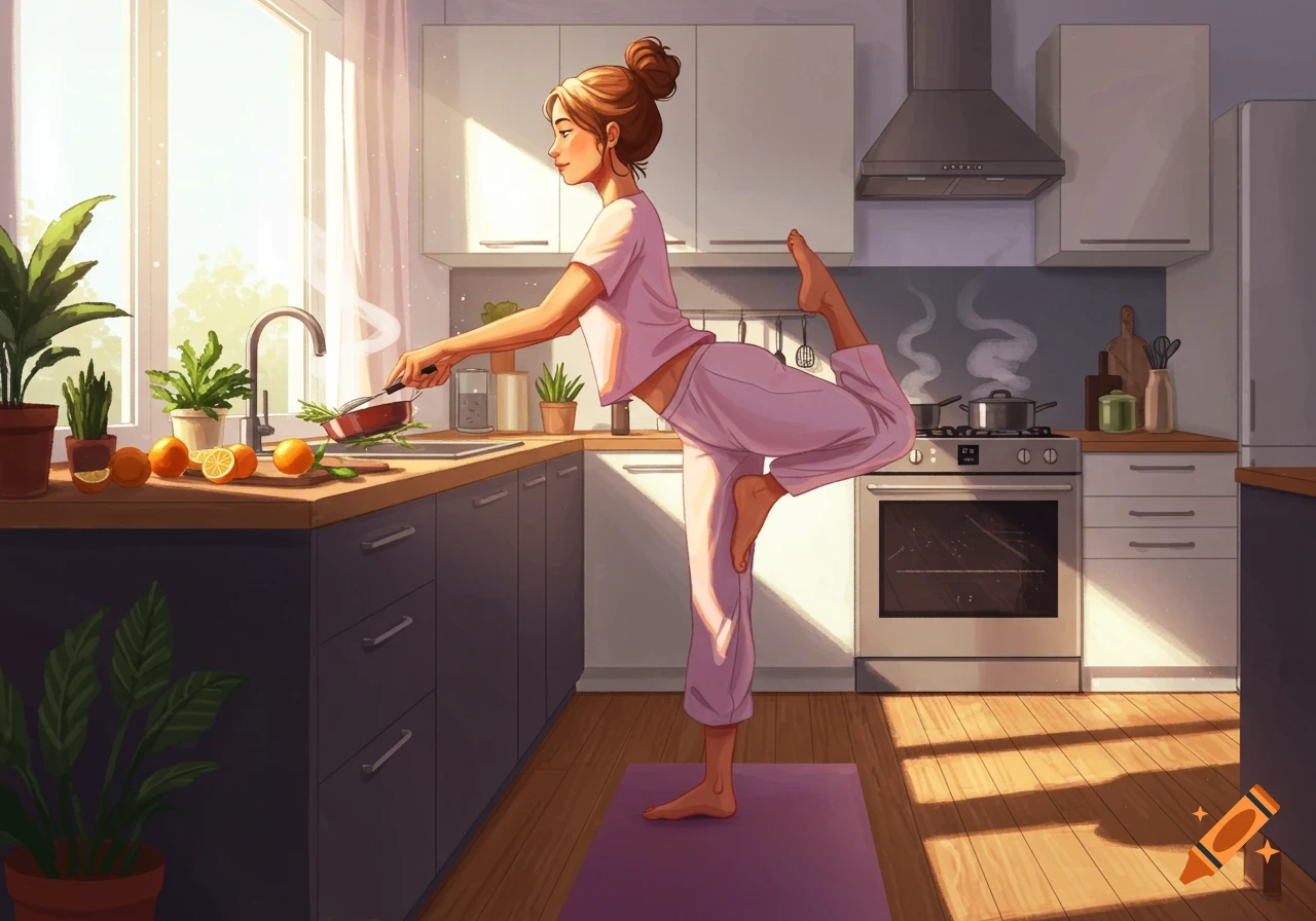 An illustrated woman in pink pajamas doing a yoga pose while cooking in a sunlit kitchen.