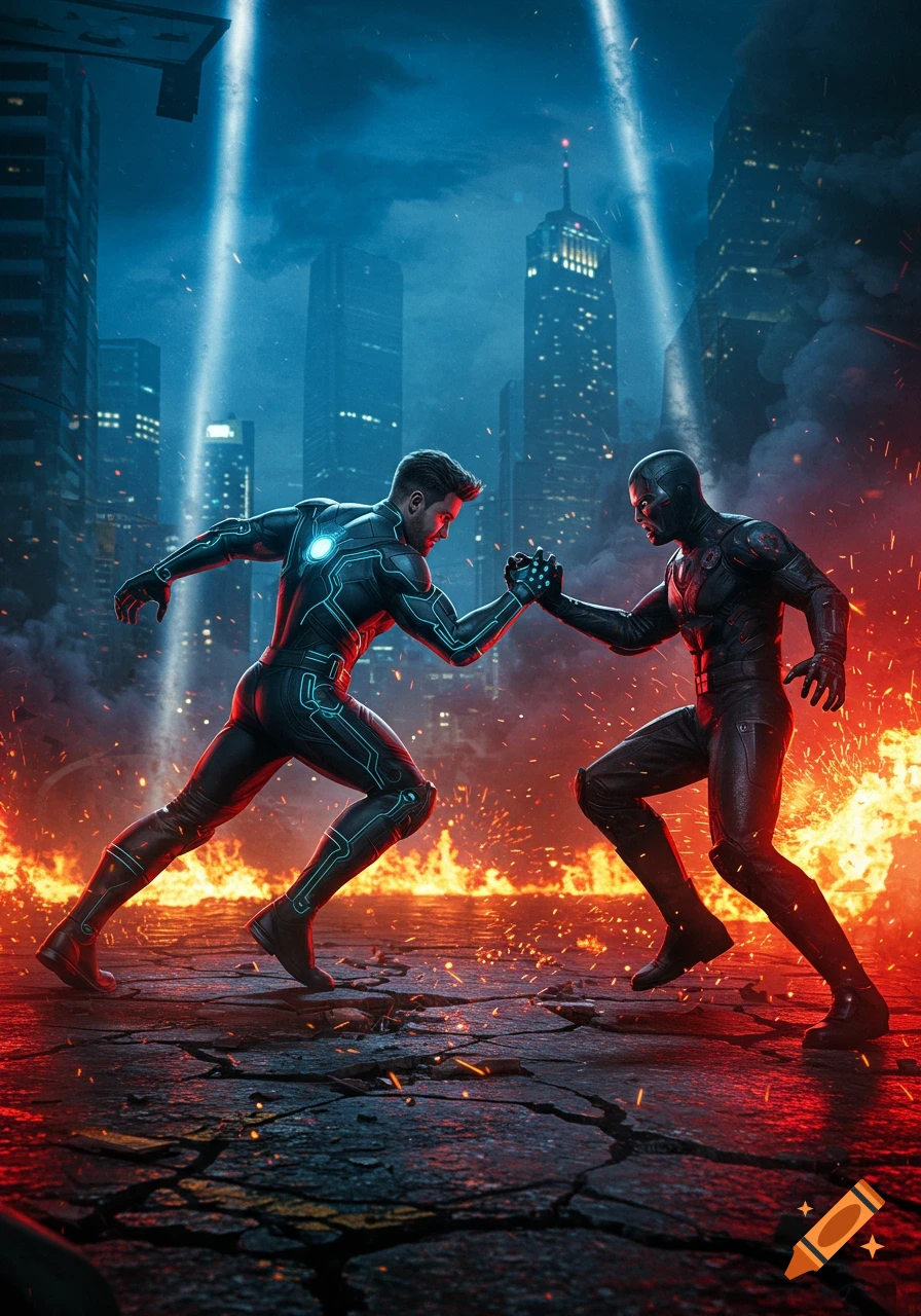 Two futuristic superheroes in glowing suits arm-wrestle amidst fire and destruction in a dark cityscape.