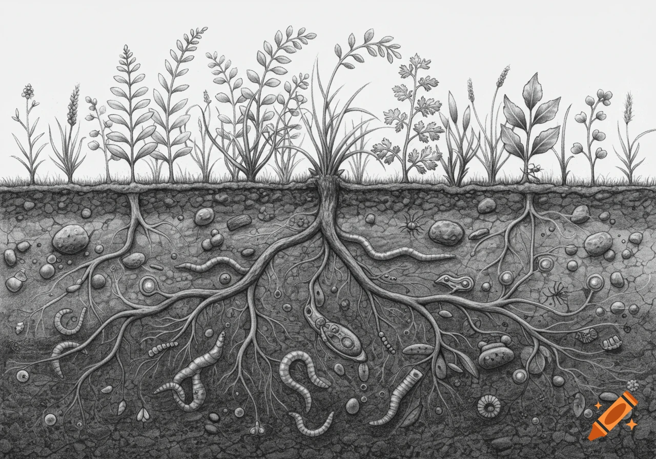 Greyscale pencil drawing showing a cross-section of soil with plants, roots, worms, and various soil biota.