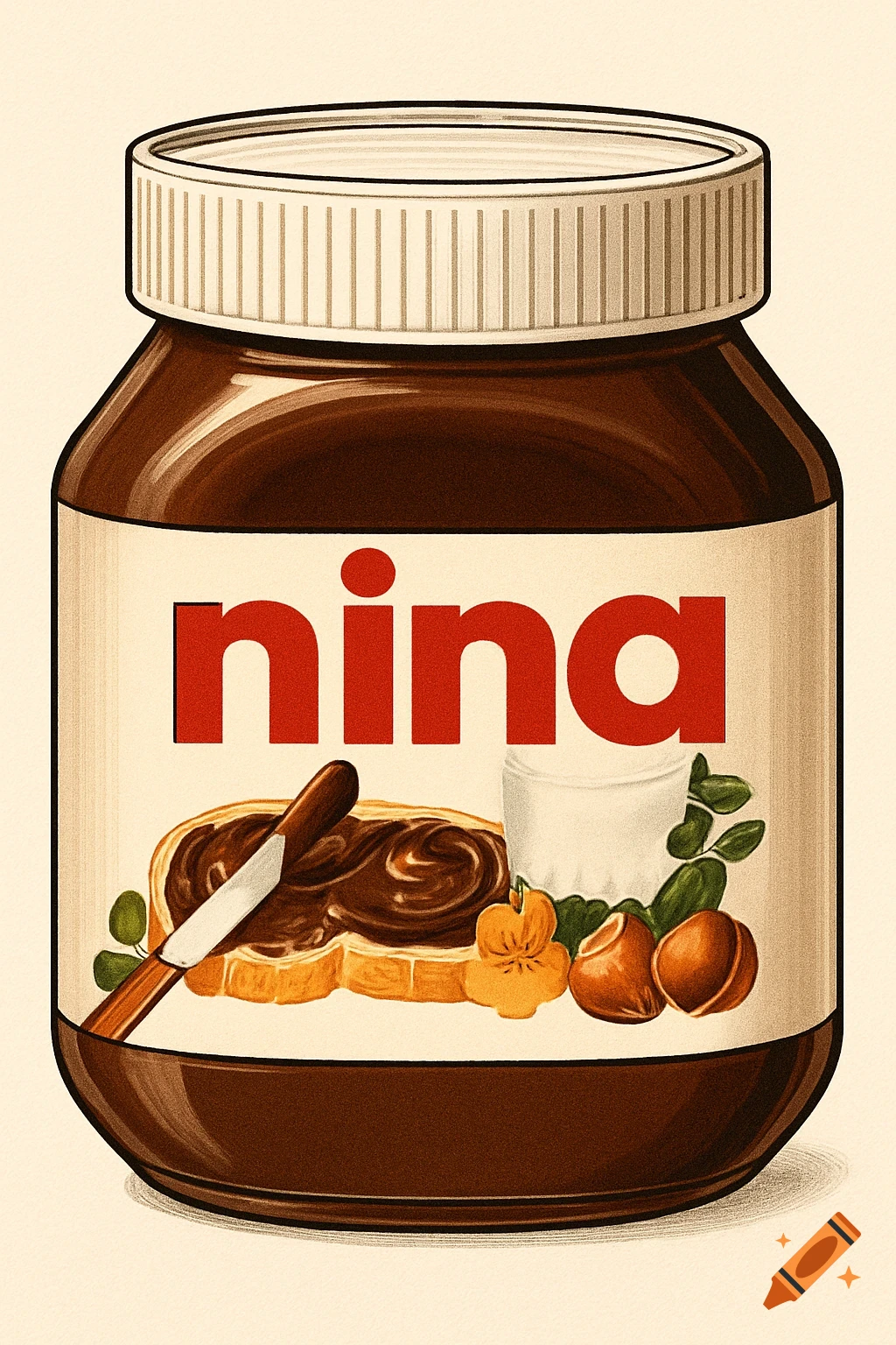 Illustration of a chocolate spread jar with 'nina' on the label, showing toast with spread and a knife, milk, and hazelnuts.