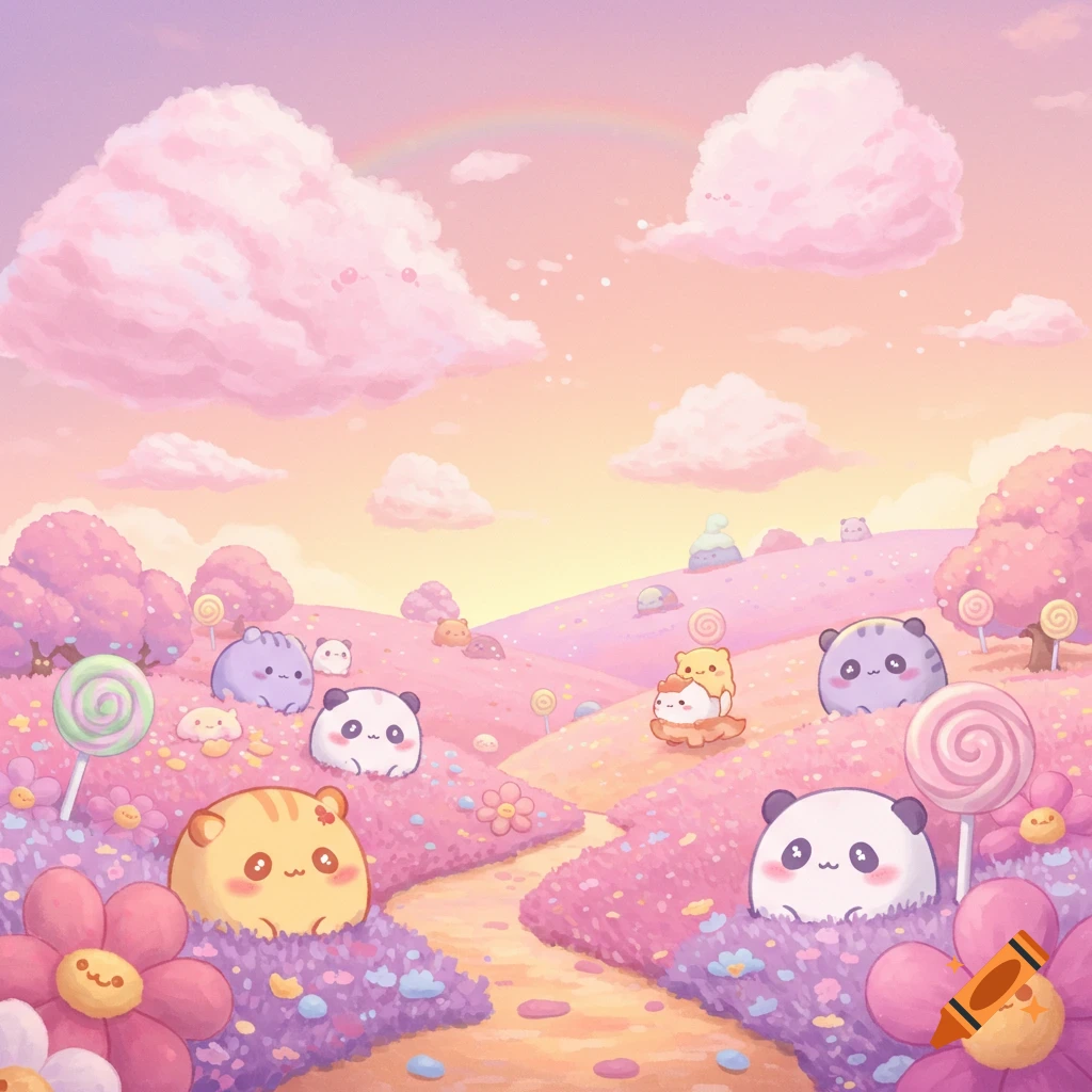 Cute kawaii cartoon animals in a pastel pink and purple fantasy landscape with flowers, lollipops, and a rainbow.