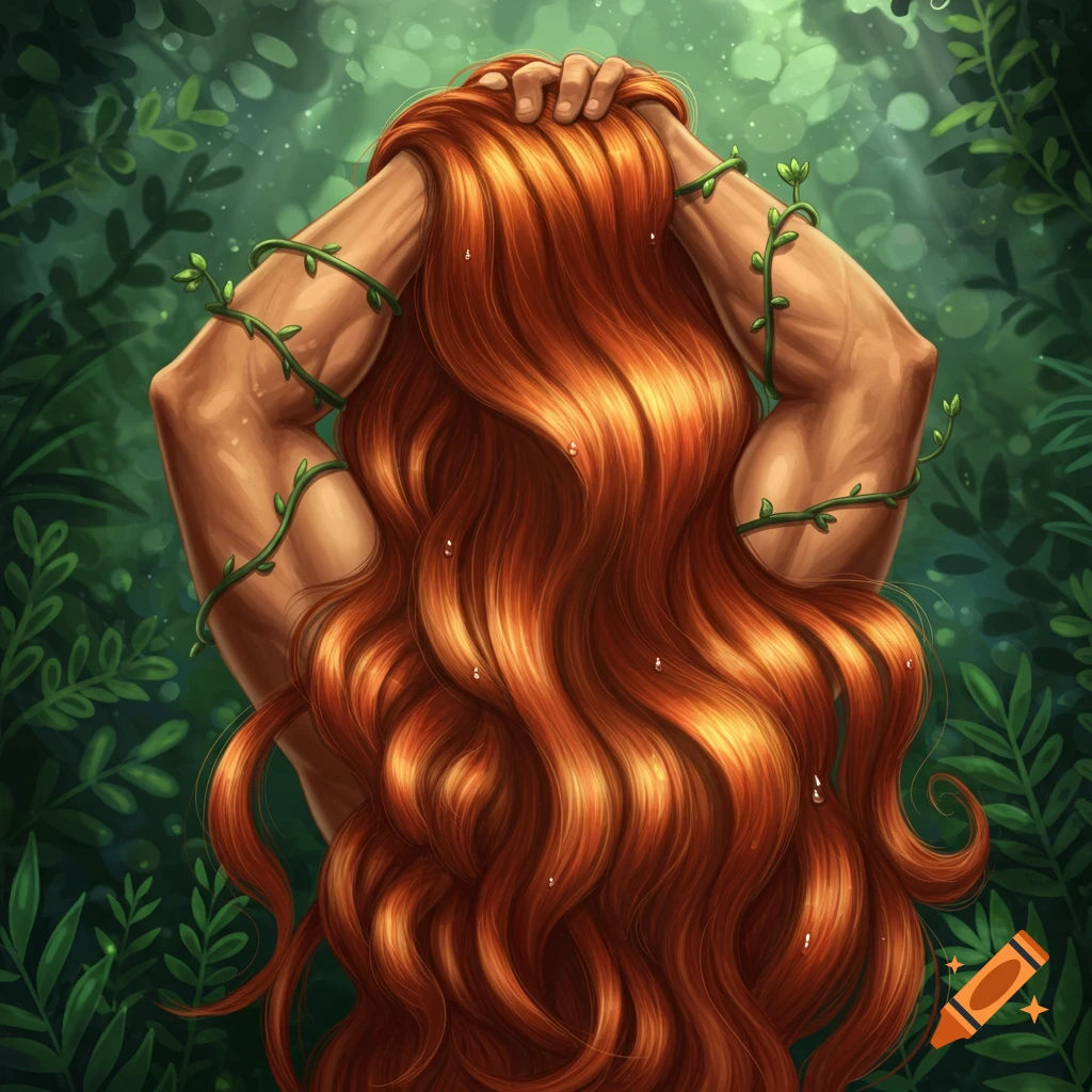 Digital illustration of a person with muscular arms holding long red hair, wrapped in vines, in a sunlit forest.