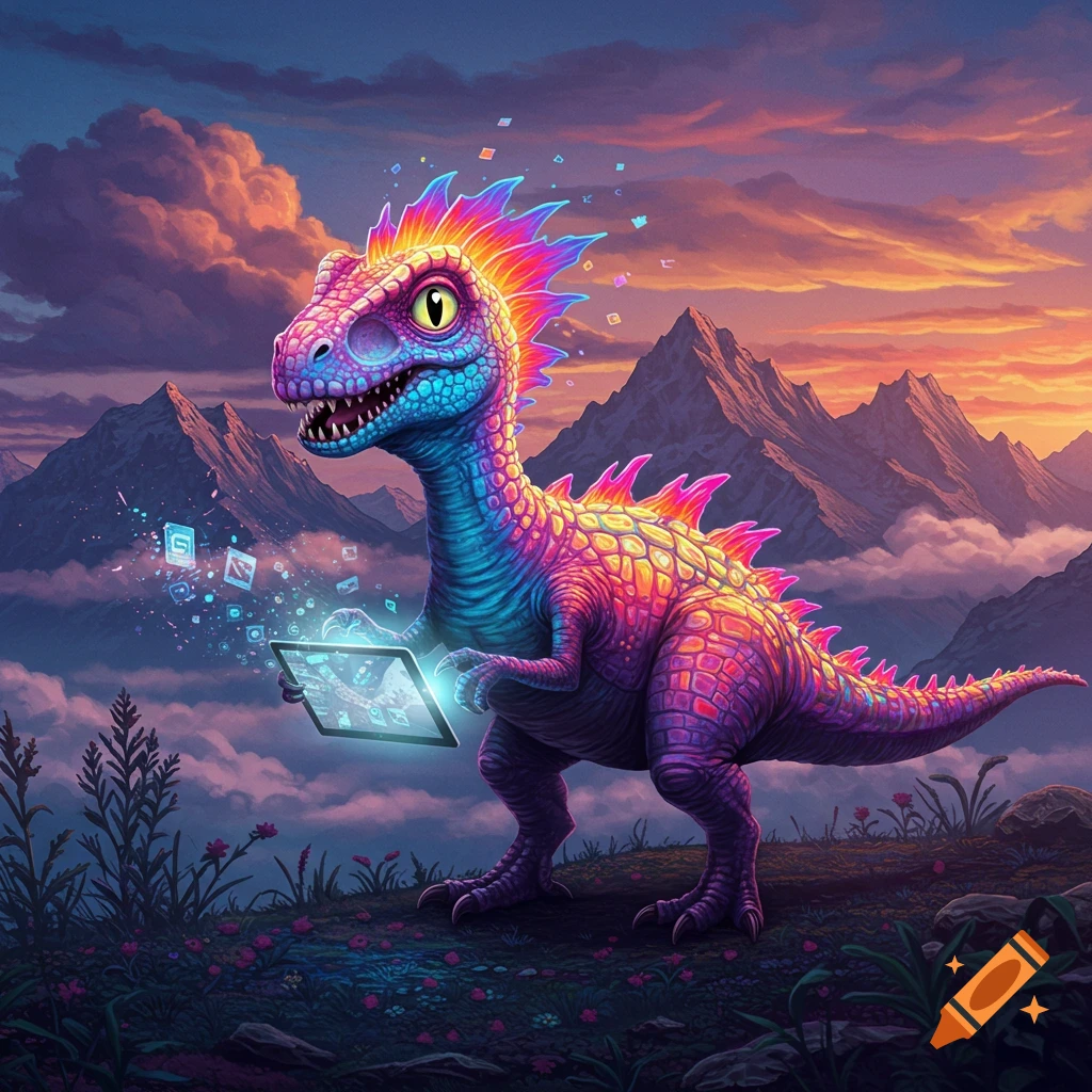 A vibrant, rainbow-colored cartoon dinosaur holds a glowing tablet with digital icons floating around it, against a sunset mountain landscape.