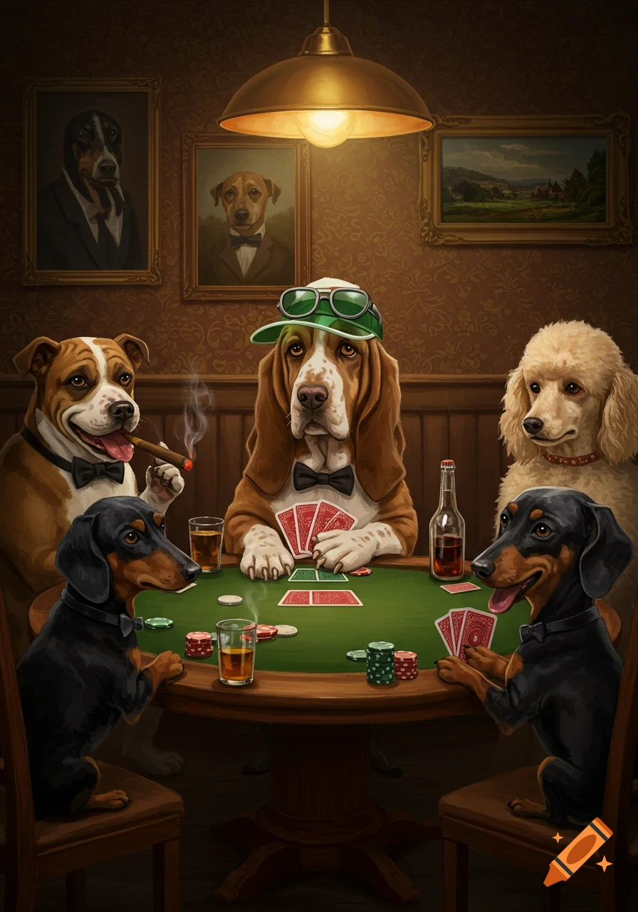 Five dogs in formal attire and one in a cap play poker around a green table, with drinks, chips, and cards, under a hanging lamp.