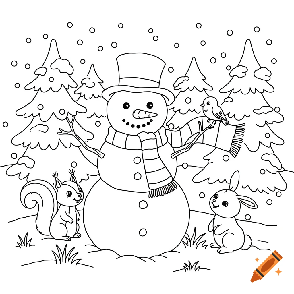 A black and white coloring page of a friendly snowman in a top hat and scarf, surrounded by a squirrel, a bird, a bunny, and snowy pine trees.