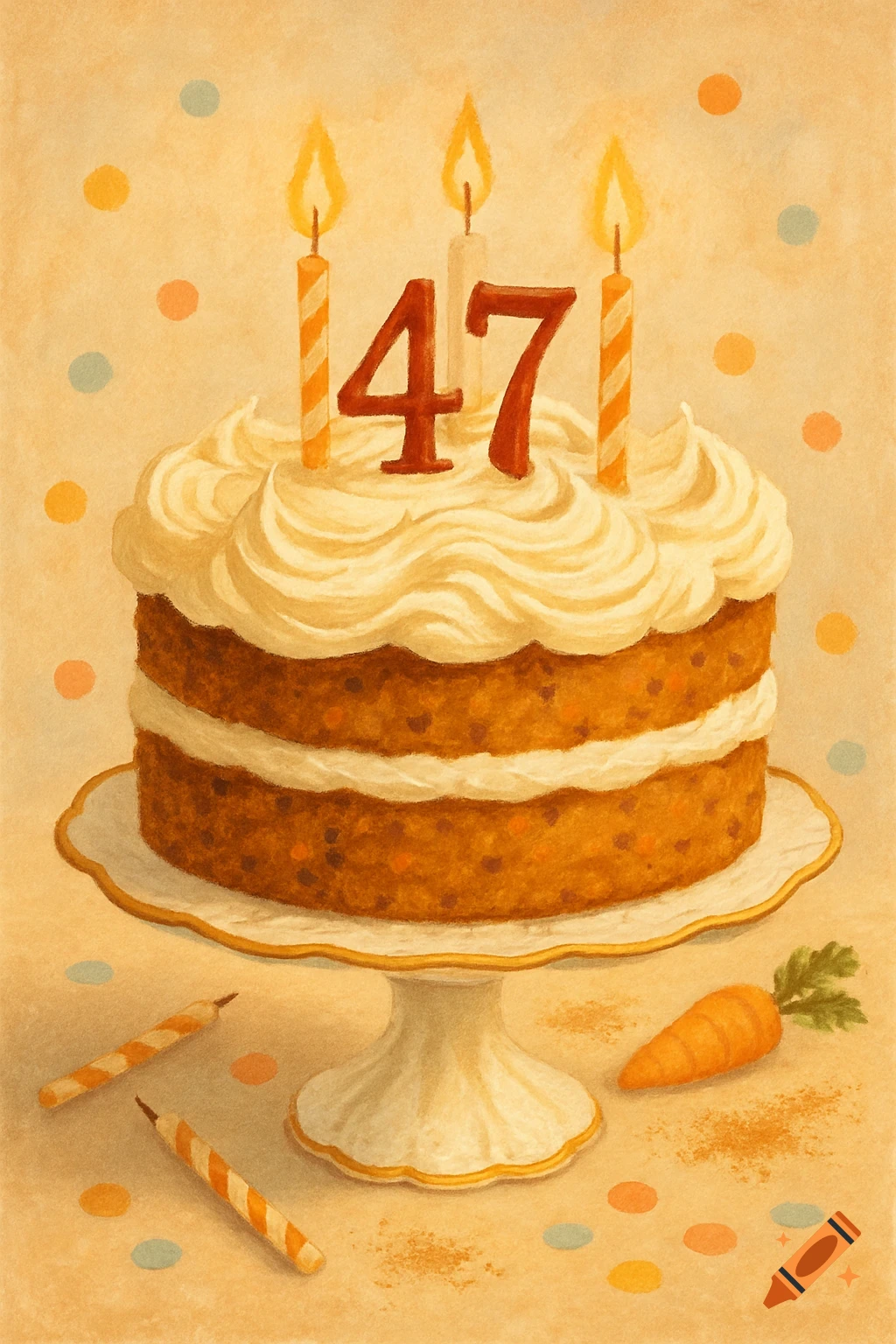 A stylized illustration of a two-tiered carrot cake with white frosting, topped with three lit candles and the numbers '47'. Two unlit candles and a small carrot lie on the table beside the cake, surrounded by colorful confetti.