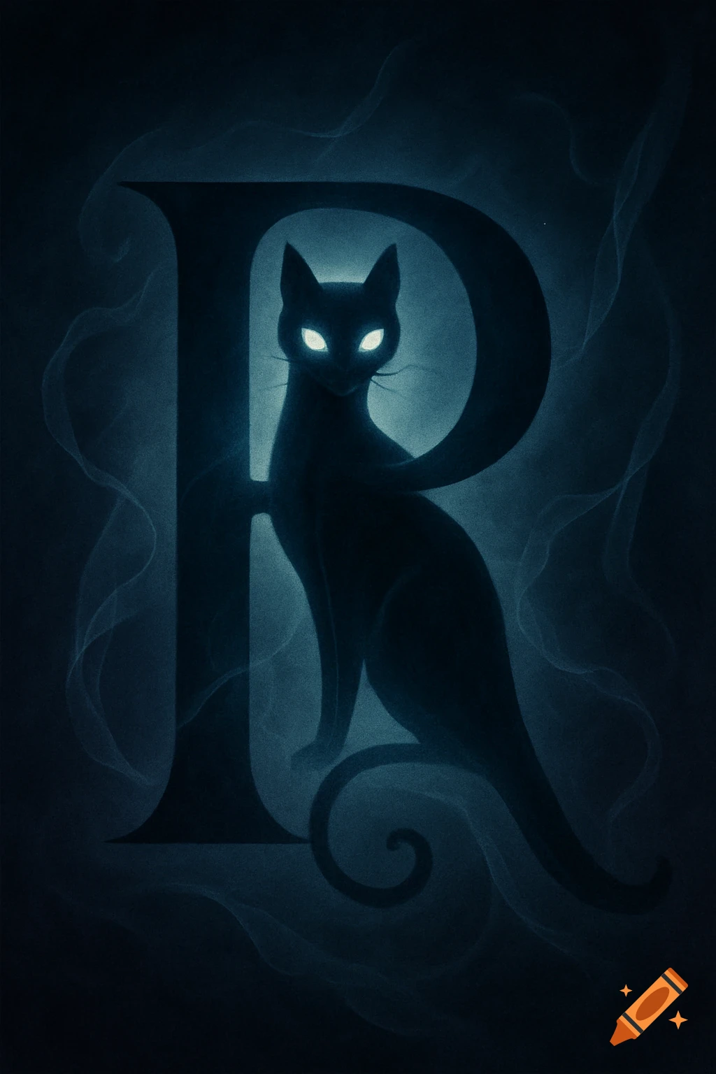 Stylized illustration of a black cat with glowing eyes integrated into the letter 'R' in a dark, spooky atmosphere.