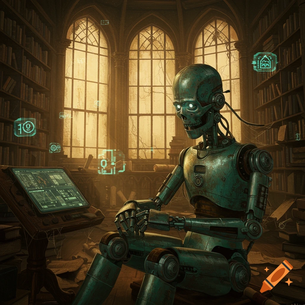 An old, teal-colored robot with a skull-like head sits in a dark, gothic library, interacting with a screen and holographic interfaces.
