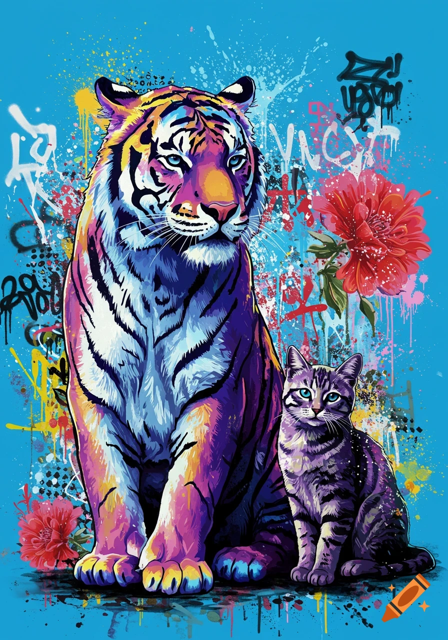 A colorful pop art painting of a tiger and a cat sitting on a bright blue background with graffiti, spray paint splatters, and vibrant red flowers.