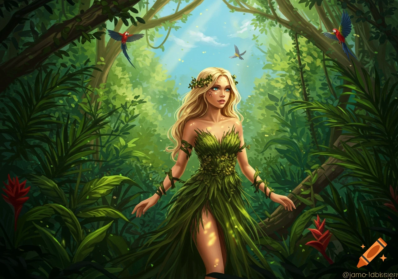 A blonde woman in a leaf dress stands in a vibrant jungle with colorful parrots flying overhead, looking upward with light blue eyes. Digital art.