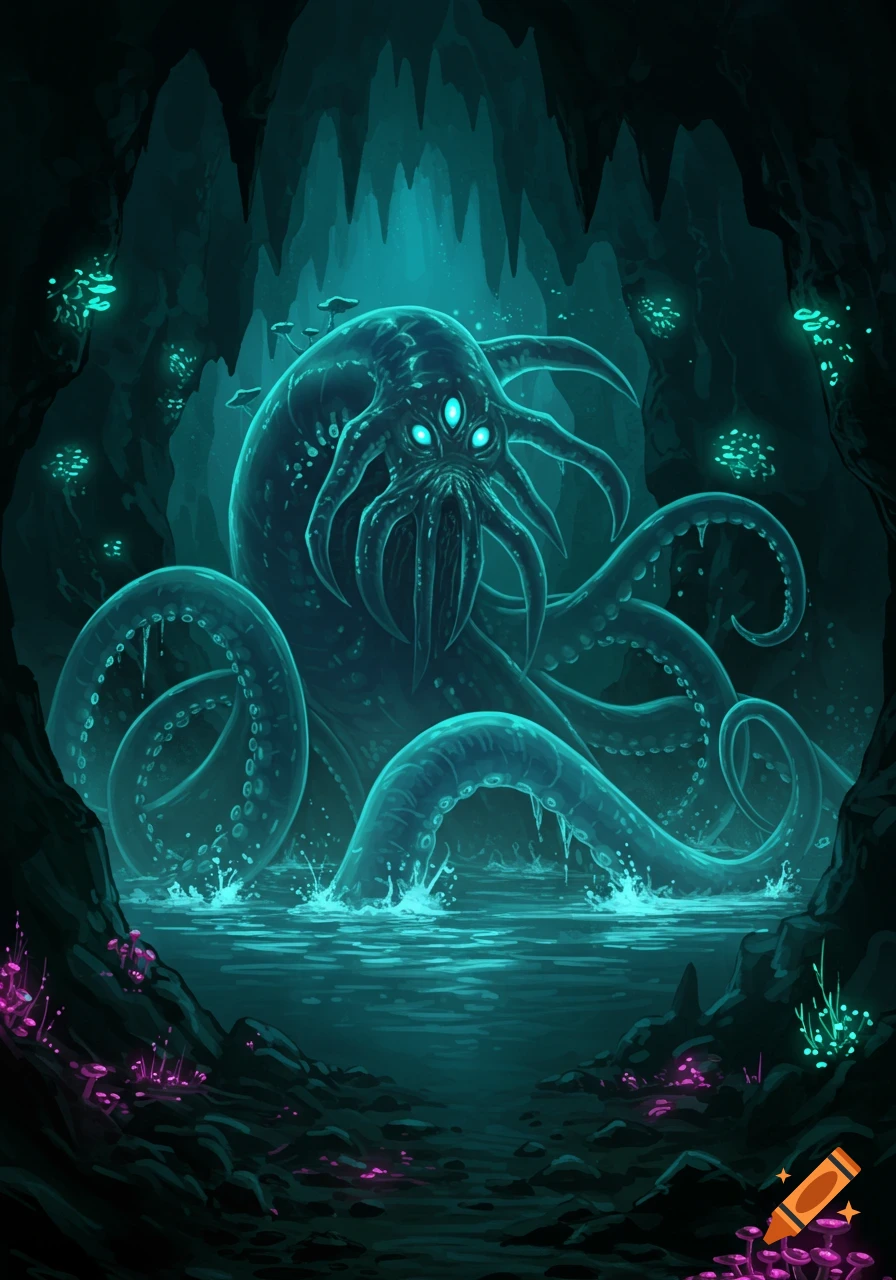 A dark blue, tentacled, three-eyed aboleth monster with glowing features emerges from glowing water in a dark cavern, surrounded by bioluminescent fungi.