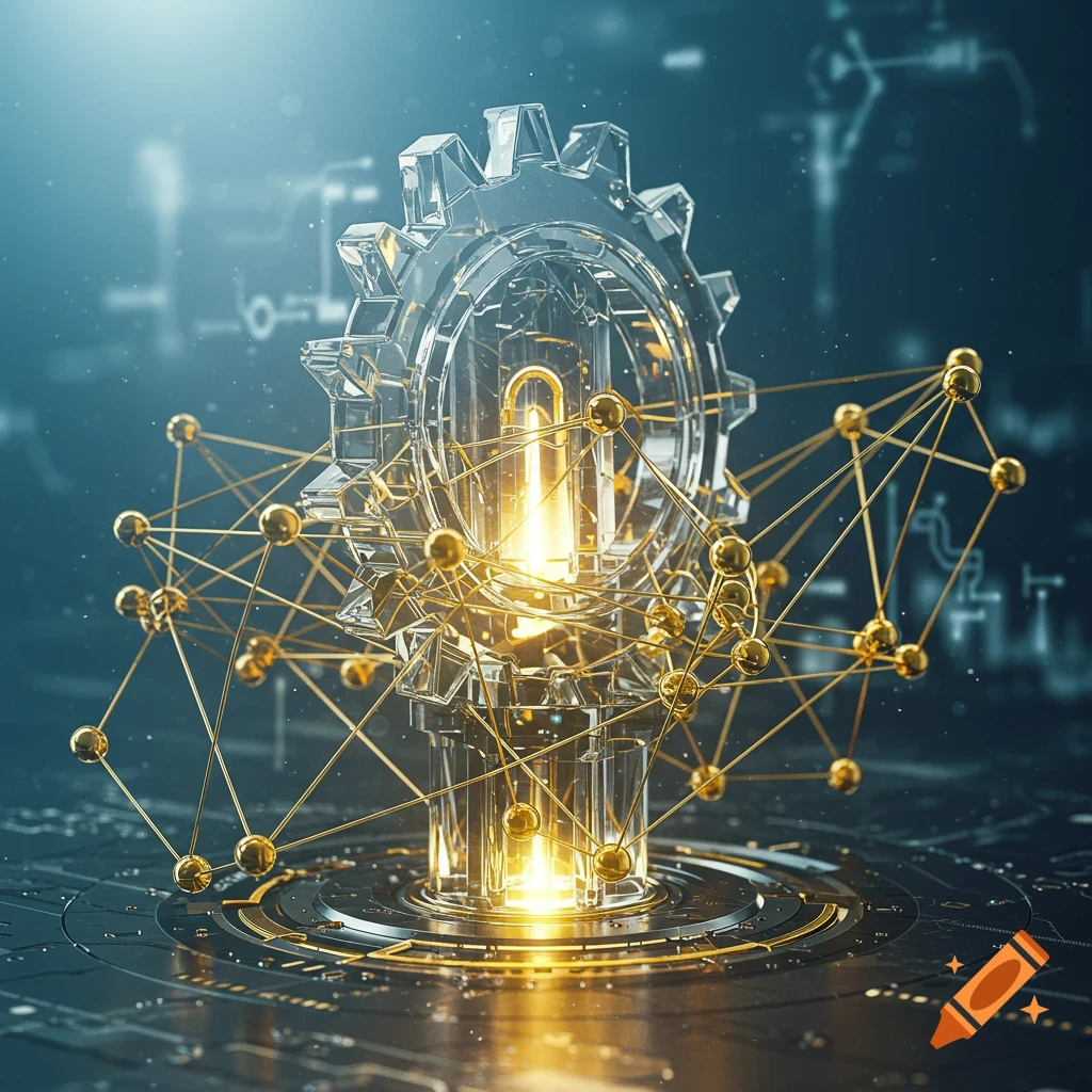 A glowing glass gear with a golden padlock, surrounded by a network of golden spheres, on a futuristic circuit board background.
