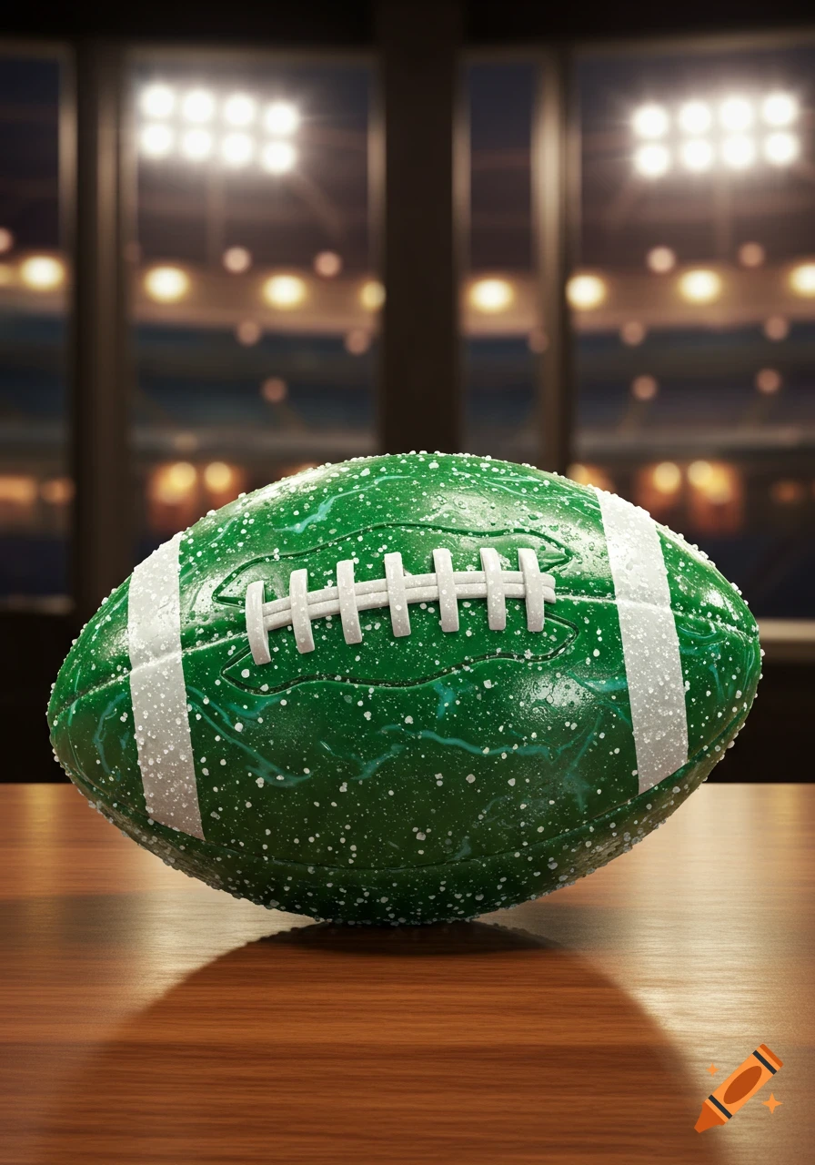 Green American football covered in sugar crystals on a wooden table with blurred stadium lights.