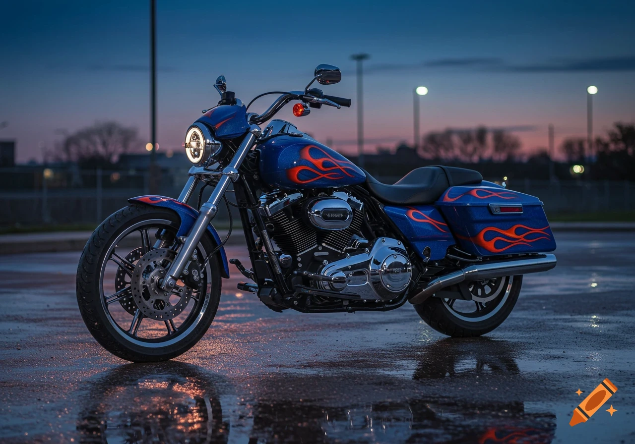 A blue custom painted Harley-Davidson motorcycle with orange flames parked on a wet street at dusk, reflecting streetlights.