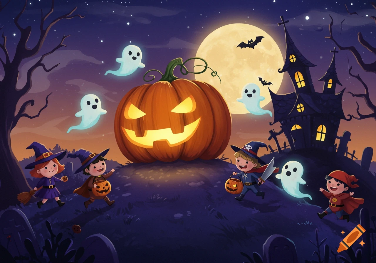 Cartoon Halloween scene with costumed children trick-or-treating, ghosts, a huge jack-o'-lantern, and a haunted house under a full moon.