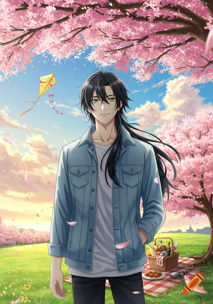 Anime illustration of a smiling man with long black hair and green eyes, standing in a cherry blossom park with a kite and picnic.