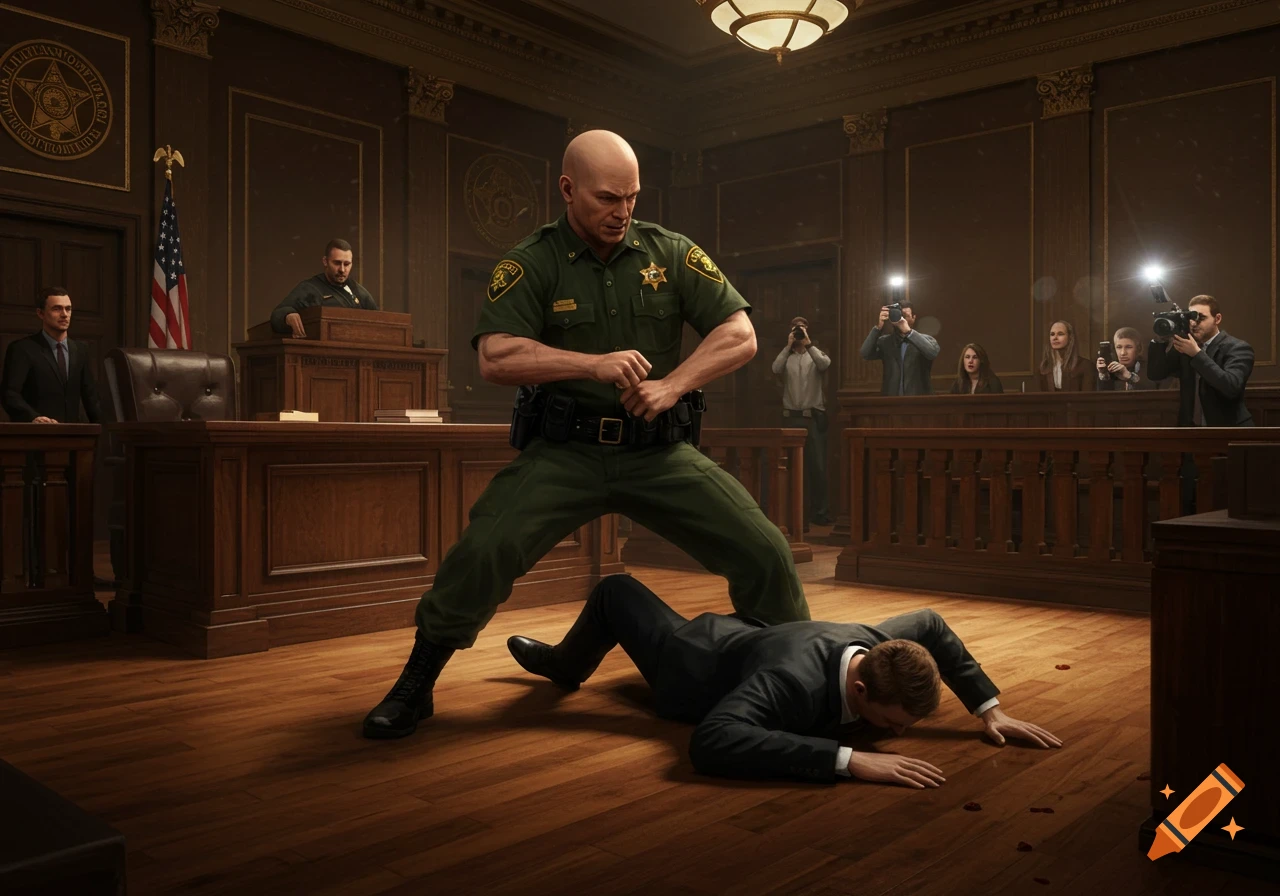A bald deputy in a green uniform holds down a man in a black suit on the floor of a courtroom as photographers watch.