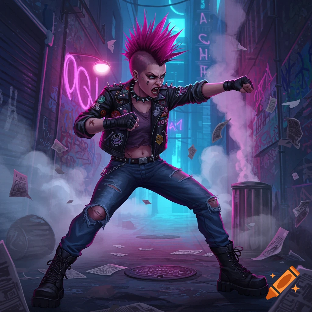 A vibrant digital illustration of a punk girl with a pink mohawk in a fighting stance in a neon-lit alley.
