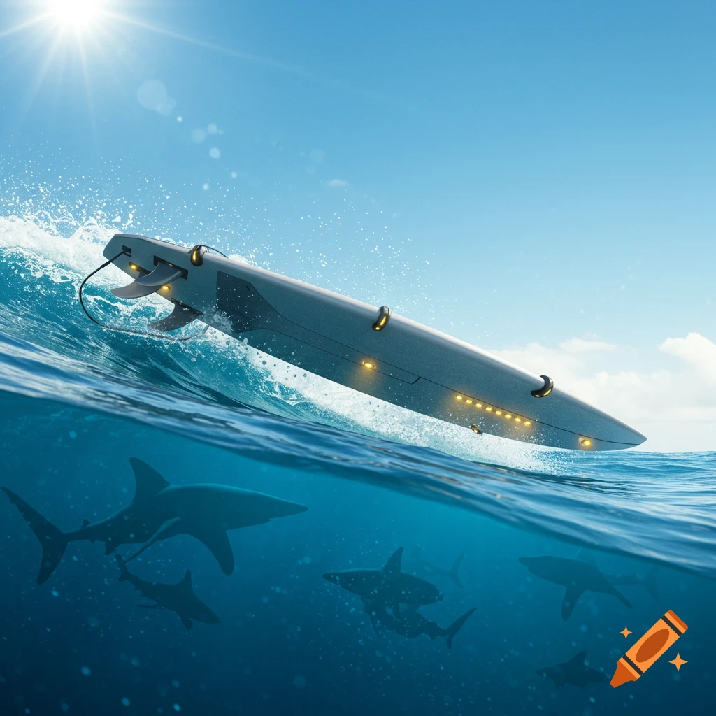 A futuristic gray surfboard with yellow lights rides a clear blue wave, with multiple shark silhouettes visible underwater.