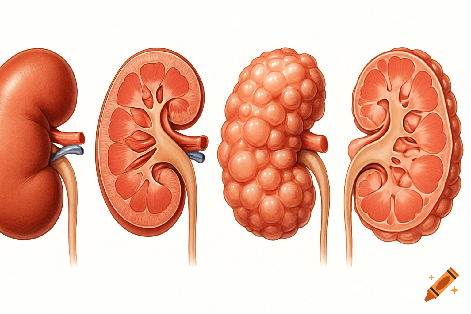 Four medical illustrations of kidneys on a white background: a healthy kidney, a healthy cross-section, a polycystic kidney, and a polycystic cross-section.