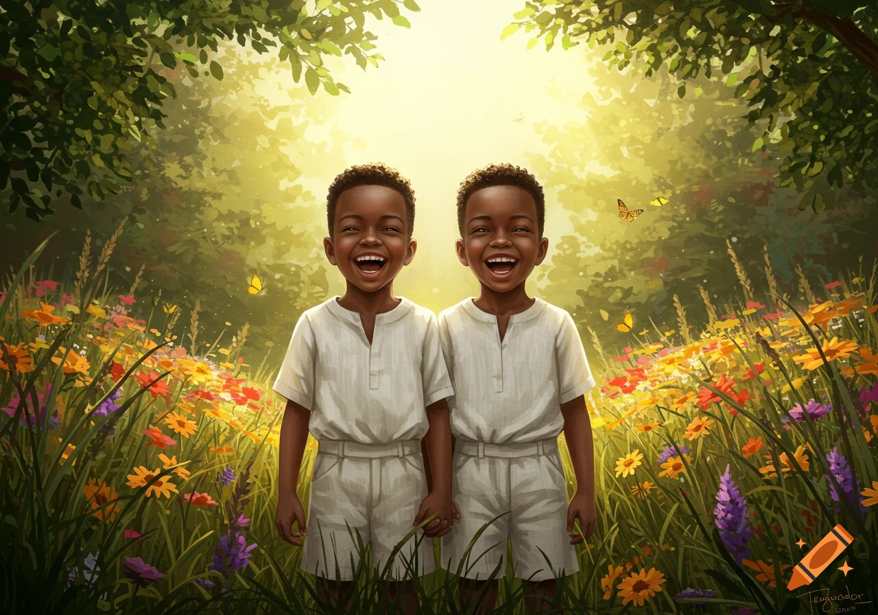 Two smiling Black twin boys stand in a vibrant, sunlit meadow filled with colorful wildflowers, surrounded by green foliage.