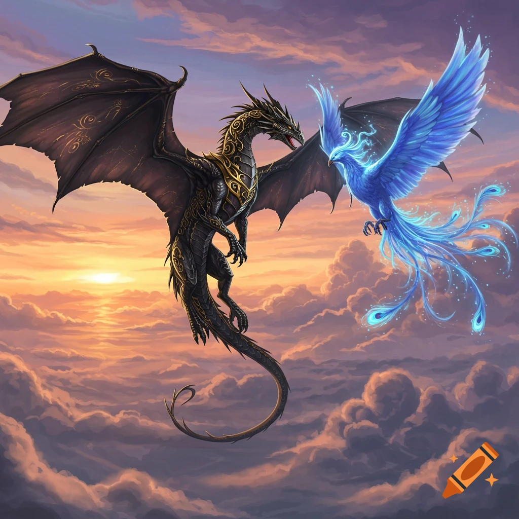 A black dragon with gold filigree and a glowing blue phoenix fly above sunset clouds.