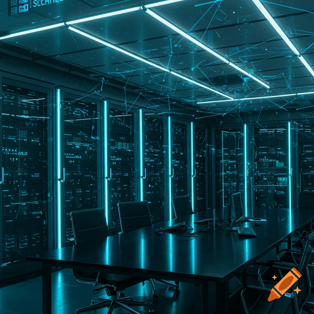 A futuristic blue-lit data center meeting room with a long dark conference table, chairs, and laptops in the foreground, and server racks lining the walls.