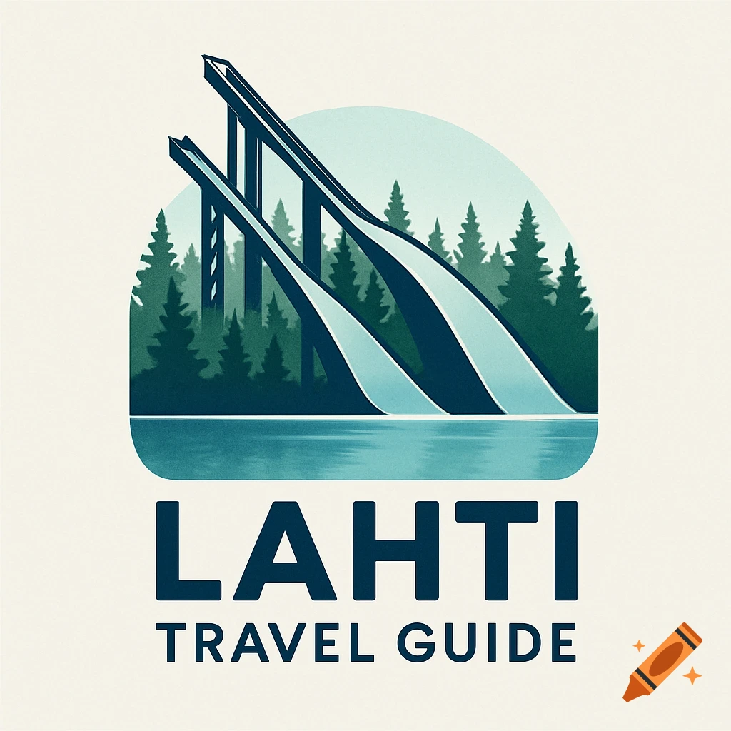 A stylized travel guide logo for Lahti, featuring two large ski jumps, evergreen trees, and water, with text 'LAHTI TRAVEL GUIDE'.