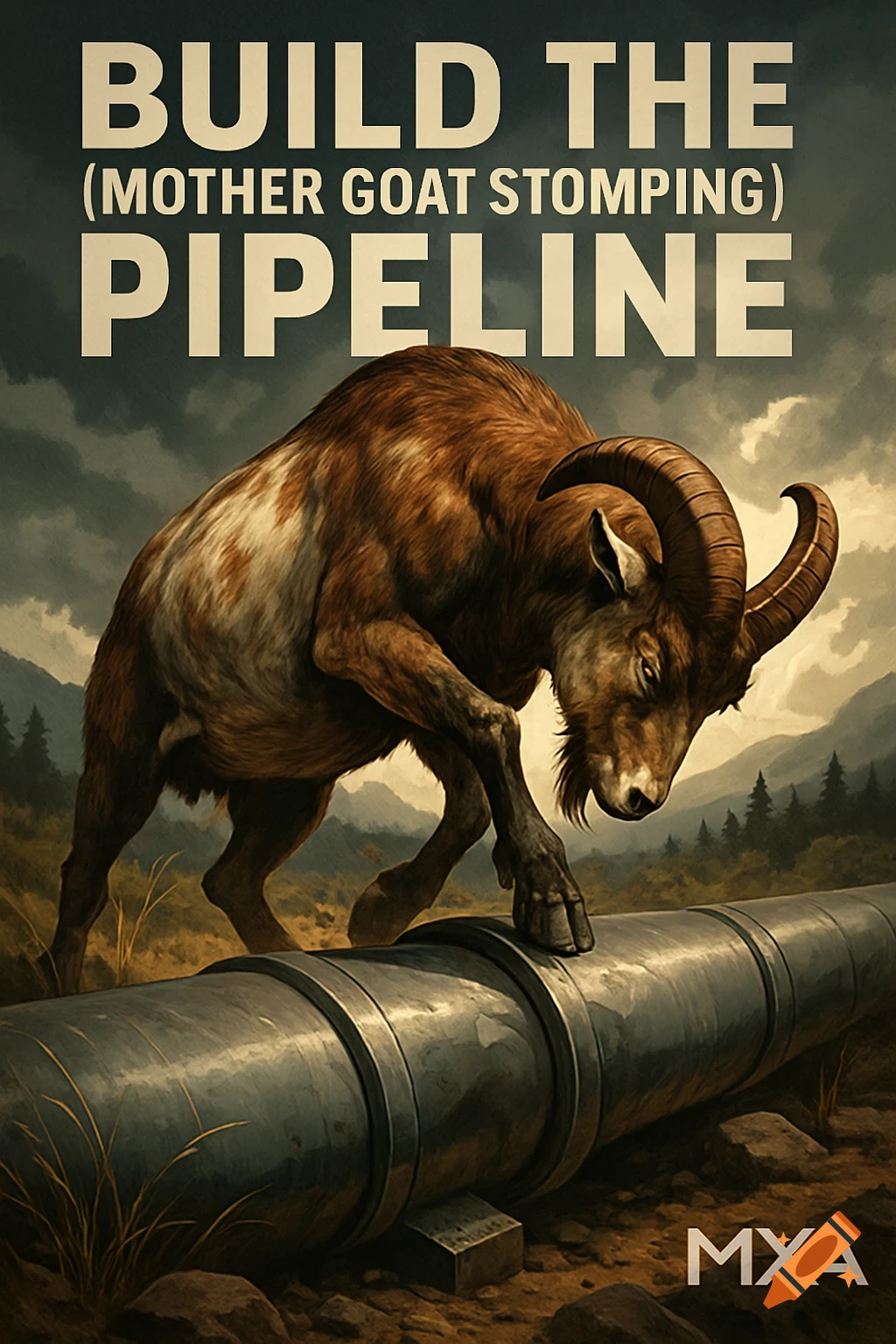A large brown goat with horns steps on a metal pipeline in a mountain landscape, text reads 'BUILD THE (MOTHER GOAT STOMPING) PIPELINE'.