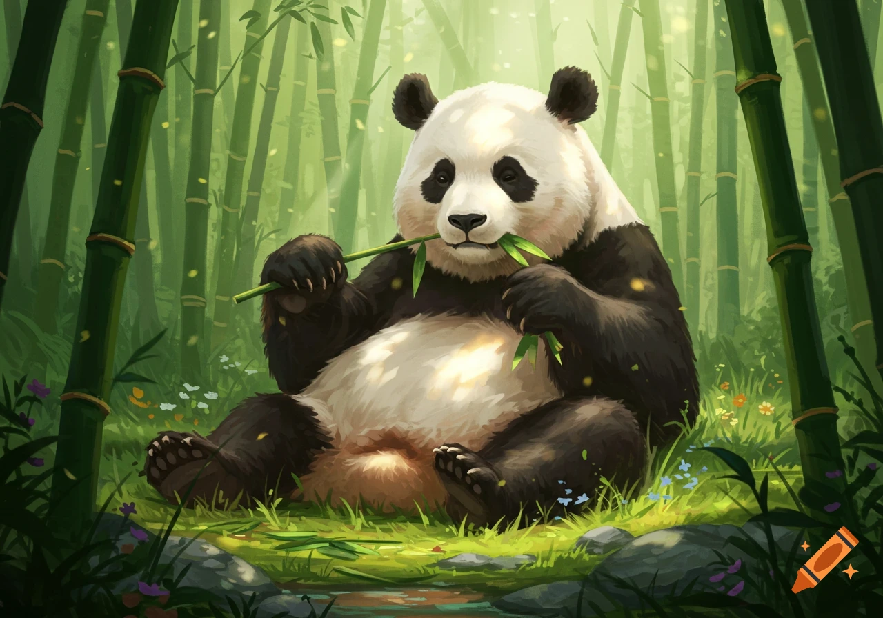 A cartoon panda with black and white fur sits in a bright green bamboo forest, munching on bamboo shoots and leaves.