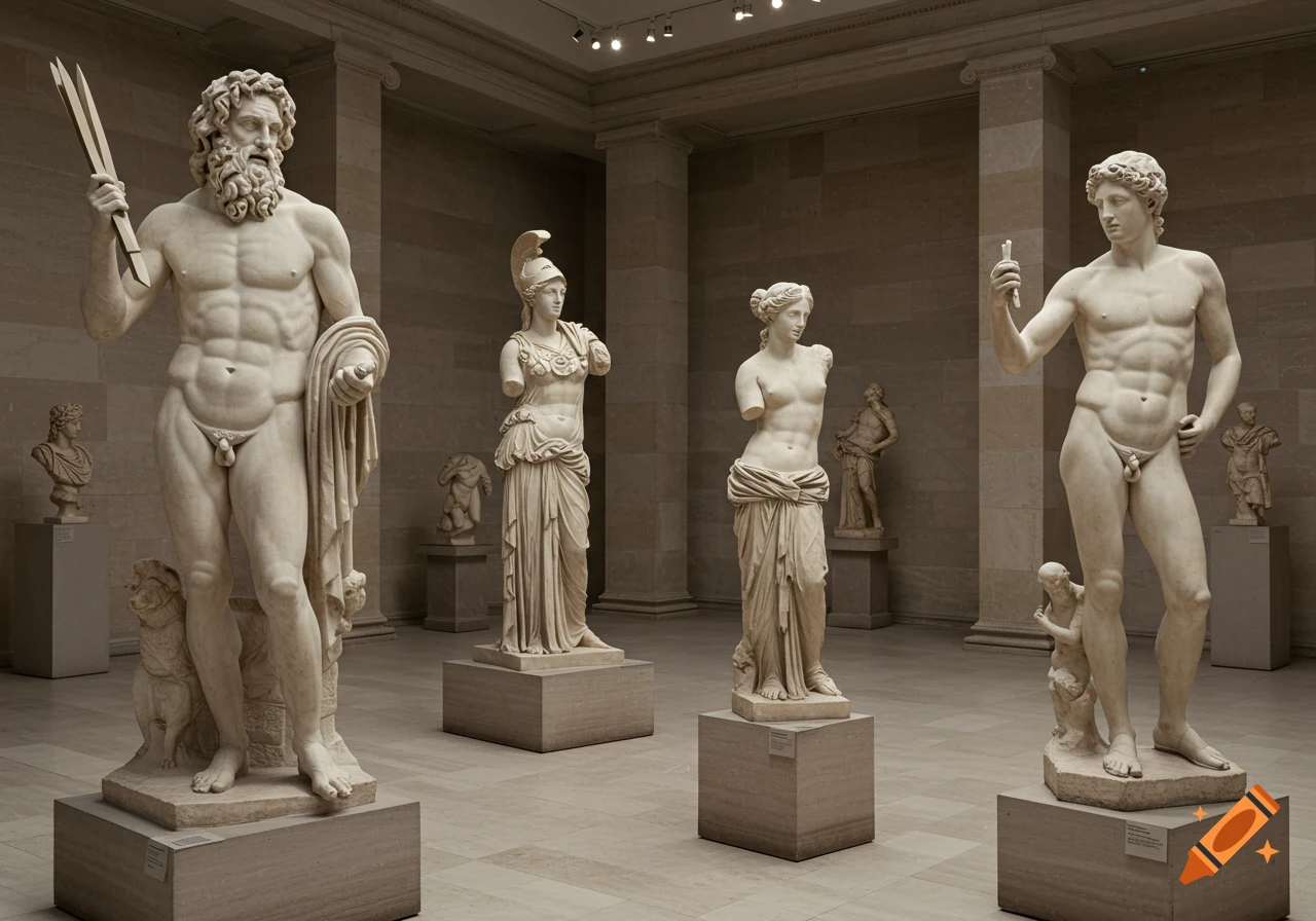 Four classical marble sculptures of Greek and Roman deities in a museum setting, including Zeus, Athena, Aphrodite, and Apollo.