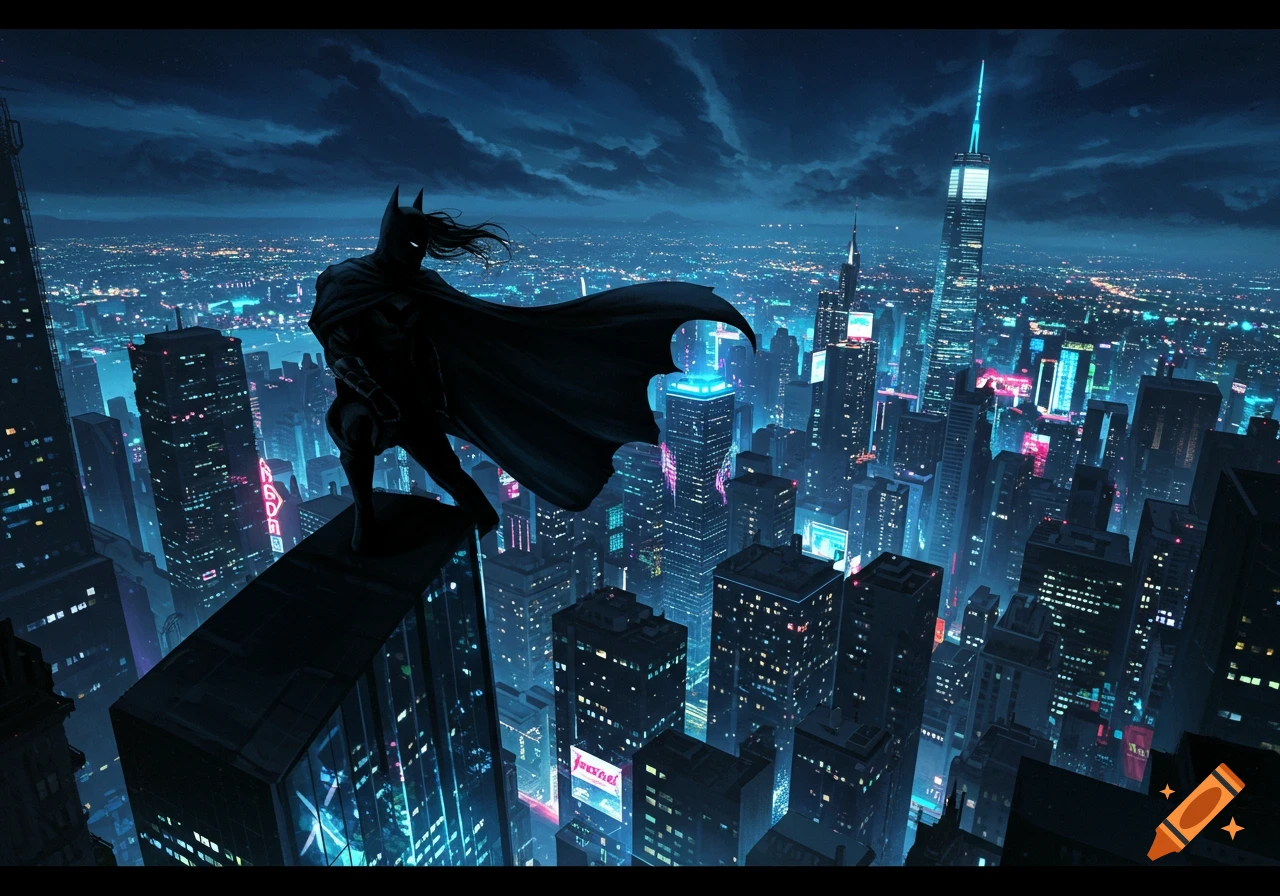 Batman's silhouette stands on a skyscraper, overlooking a futuristic neon-lit city at night, in a digital art style.