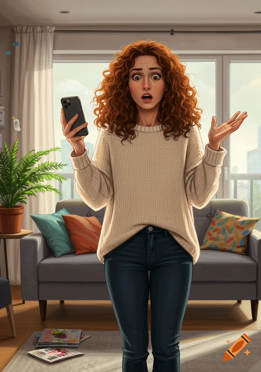 A confused woman with red curly hair holds a phone and shrugs in a living room, in a cartoon-style illustration.