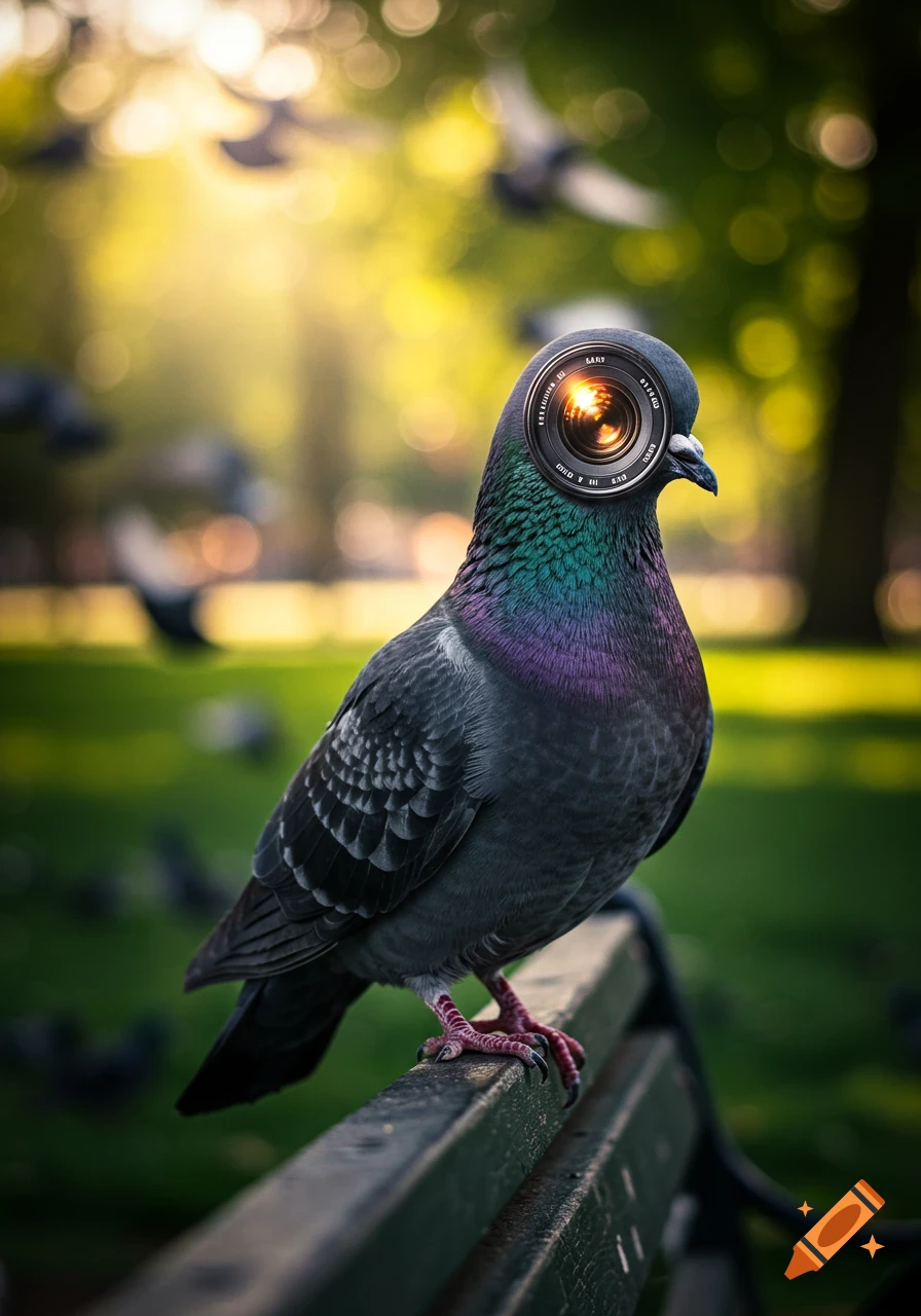 A photorealistic image of a pigeon with a camera lens for an eye, sitting on a wooden park bench with a blurry green and yellow background.